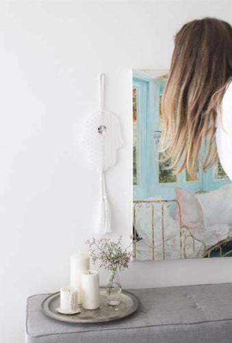 Hamsa acrylic with flower of life element - white - stylish luck home decor