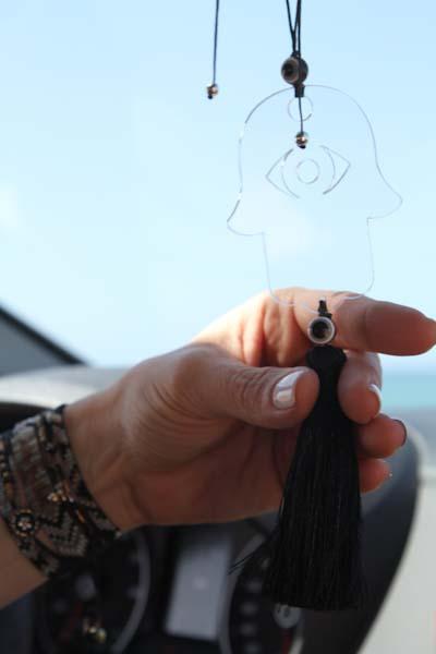 Clear Transparent Hamsa charm for car - with Black tassel - stylish luck home decor