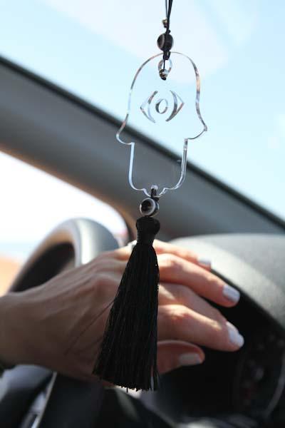 Clear Transparent Hamsa charm for car - with Black tassel - stylish luck home decor