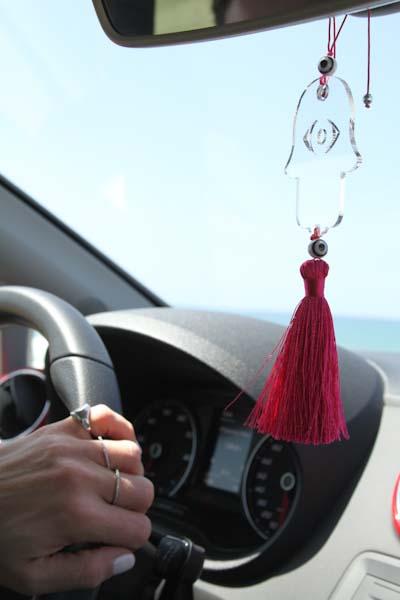 Clear Transparent Hamsa charm for car - with Fuchsia tassel - stylish luck home decor