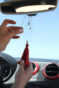 Clear Transparent Hamsa charm for car - with Red tassel - stylish luck home decor