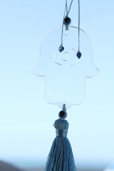 Clear Transparent Hamsa charm for car - with Turquoise tassel - Stylish Luck Home Decor