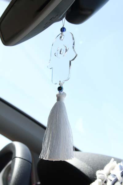 Clear acrylic car charm Hamsa Hanging with white tassel - stylish luck home decor