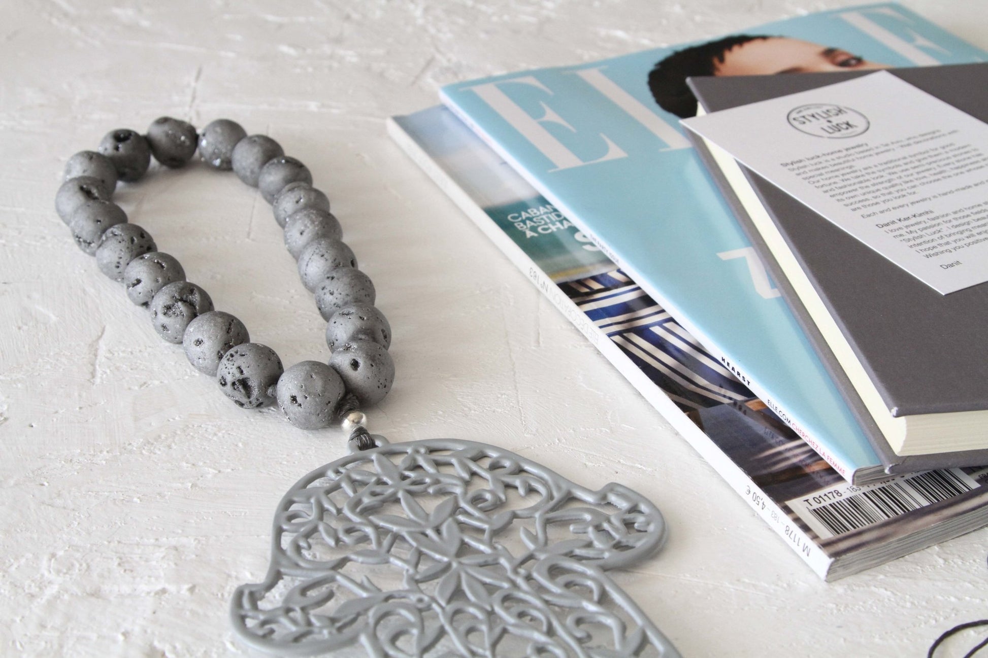 Hamsa Grey with quartz stones & grey tassel For balance & good luck - stylish luck home decor