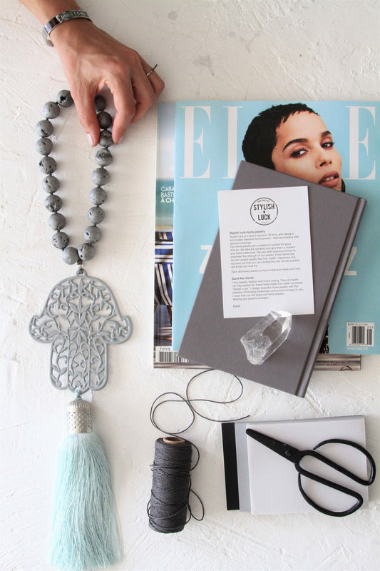 Hamsa Grey with quartz stones & grey tassel For balance & good luck - stylish luck home decor
