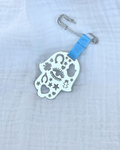 Load image into Gallery viewer, Hamsa hand evil eye Stroller Pin for Baby Good Luck- silver - Stylish Luck Home Decor | Hamsa \ Hand Of Fatima | Good Luck Gifts