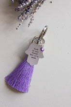 Load image into Gallery viewer, Hamsa mantra key chain with tassel - Stylish Luck Home Decor | Hamsa \ Hand Of Fatima | Good Luck Gifts