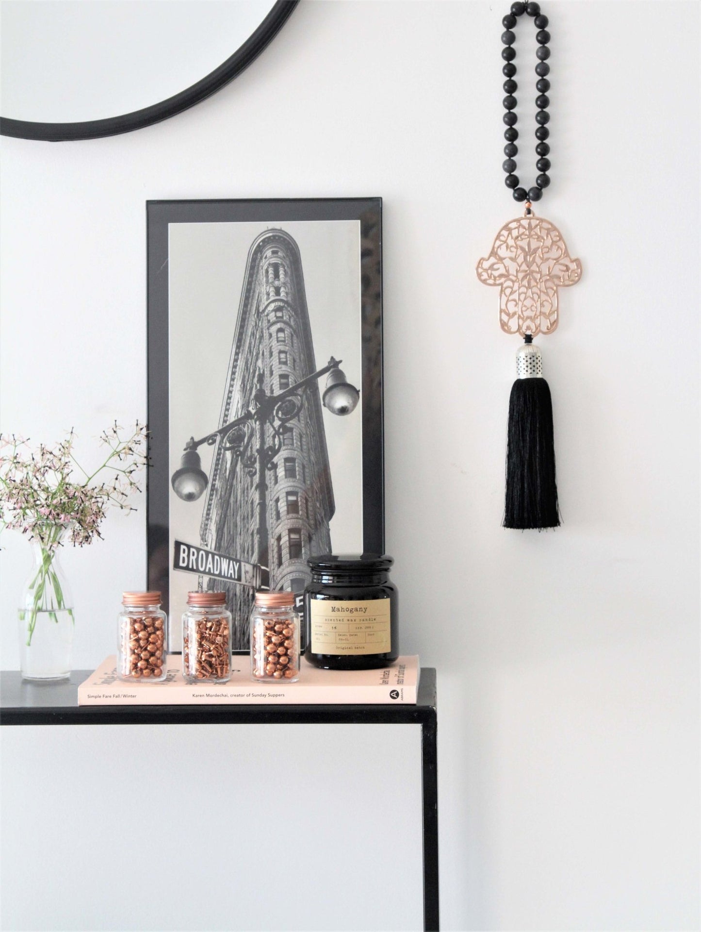 Hamsa Rose gold with black Onyx stones and black silk tassel - stylish luck home decor