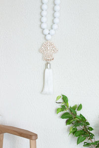 Hamsa white wood Beads Wall Décor with white Silk Tassel - Stylish Luck Home Decor | Hamsa \ Hand Of Fatima | Good Luck Gifts