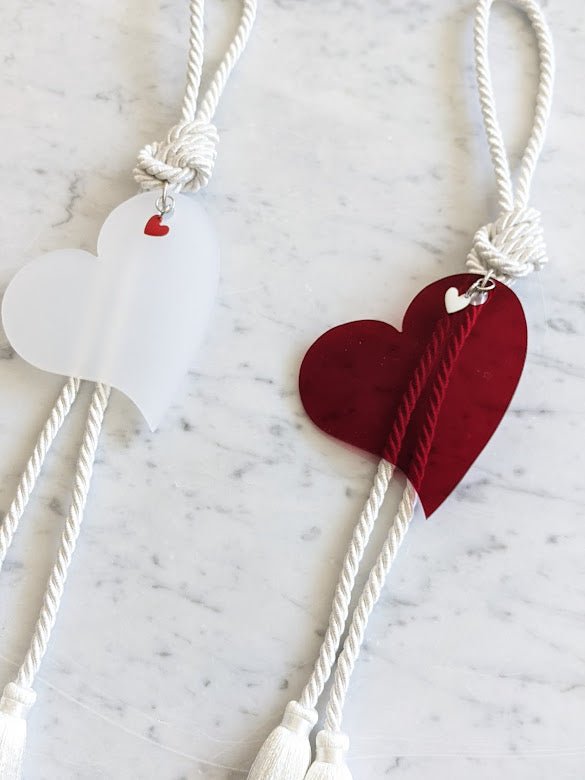 Couple acrylic Hearts for hanging Red & white with tassel - stylish luck home decor