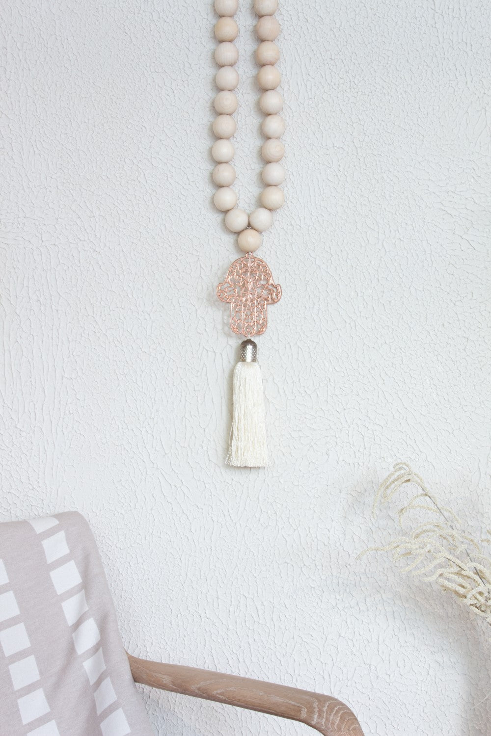 Rose gold Hamsa wood Beads Wall Décor with cream Silk Tassel - Stylish Luck Home Decor | Hamsa \ Hand Of Fatima | Good Luck Gifts