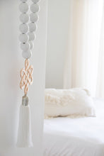Load image into Gallery viewer, White wood Beads Wall Décor with Endless Love Metal Charm and Silk Tassel - Stylish Luck Home Decor | Hamsa \ Hand Of Fatima | Good Luck Gifts