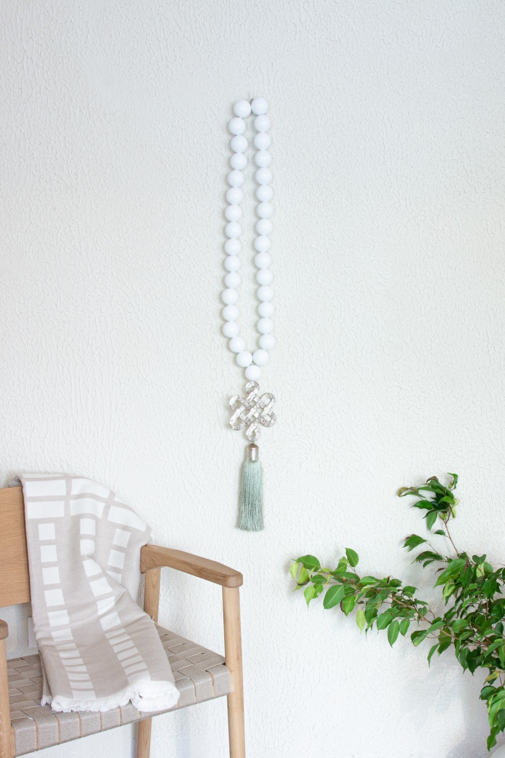 White wood Beads Wall Décor with silver Endless Love Metal Charm and sage Silk Tassel - Stylish Luck Home Decor | Hamsa \ Hand Of Fatima | Good Luck Gifts
