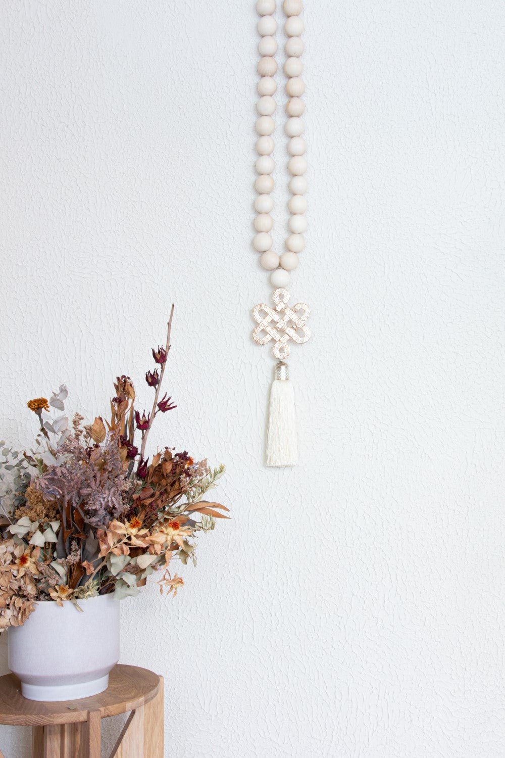 Wood Beads Wall Décor with Endless Love Metal Charm and cream Silk Tassel - Stylish Luck Home Decor | Hamsa \ Hand Of Fatima | Good Luck Gifts
