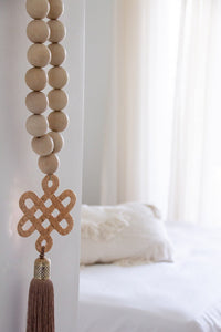 Wood Beads Wall Décor with Endless Love Metal Charm and Silk Tassel - Stylish Luck Home Decor | Hamsa \ Hand Of Fatima | Good Luck Gifts