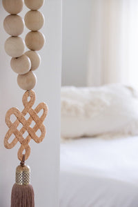 Wood Beads Wall Décor with Endless Love Metal Charm and Silk Tassel - Stylish Luck Home Decor | Hamsa \ Hand Of Fatima | Good Luck Gifts